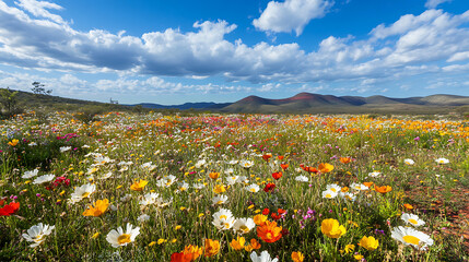 A sprawling landscape of the Australian Outback with desert wildflowers in bloom, showcasing vibrant colors against the dry soil 
