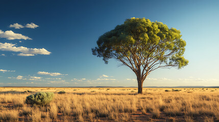 Fototapeta premium A towering acacia tree providing shade in the vast, sun-drenched expanse of the Outback, with scattered shrubs surrounding it 