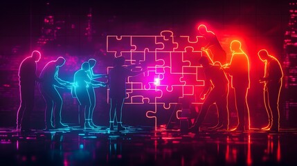 Neon Teamwork Puzzle Solution Concept