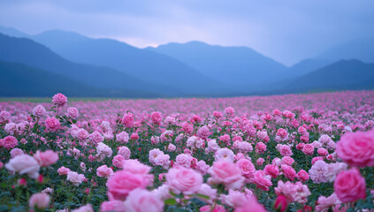 Fototapeta premium A sea of pink peonies in the valley, surrounded by mountains and fog. The peony flowers cover an area of more than ten square meters, creating a beautiful scene. Created with Ai