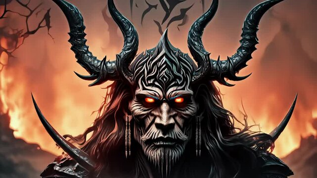 demonic figure with long black hair and large curved horns, standing amidst towering flames