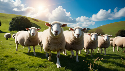 Fototapeta premium Title: A tranquil scene of a flock of fluffy white sheep