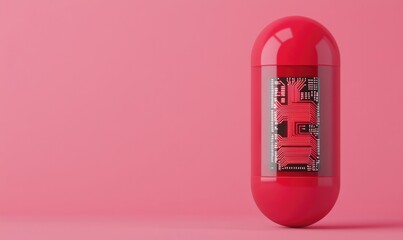 A vibrant red capsule with a transparent cover showing intricate circuitry, set against a soft pink background.