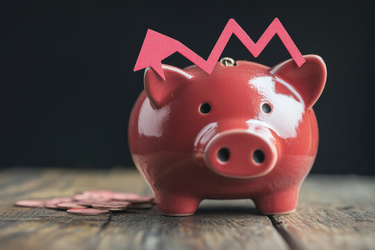 A broken piggy bank with downward arrow symbolizes financial loss and economic downturn. This image captures essence of financial struggles and impact on savings