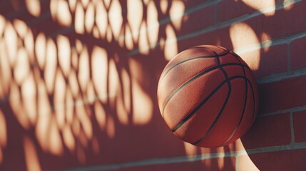 A basketball resting against a textured wall, with shadows creating an interesting pattern.