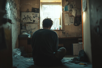 Individual sitting in a dingy motel room, surrounded by signs of substance use. A man sits on the floor in a dark room, looking out a window