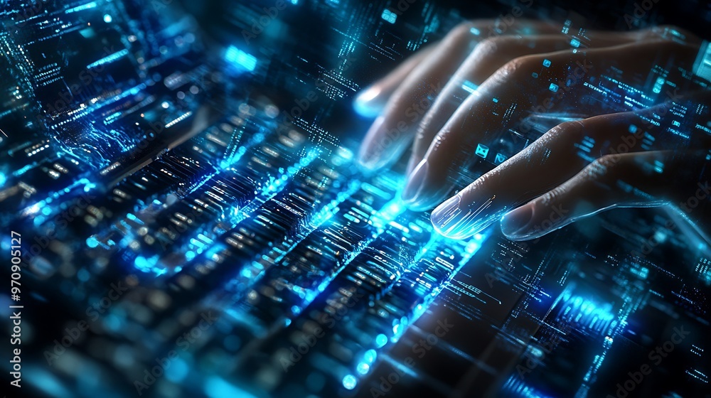 Poster fingers typing on a futuristic keyboard with glowing blue code