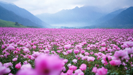Obraz premium A large field of pink peonies, mountains in the background. Created with Ai
