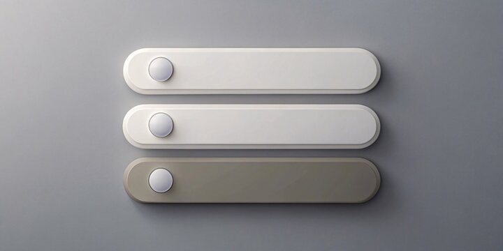Minimalistic White Buttons on Gray Background. Set of three sleek, modern white buttons with rounded edges on a gray background, suitable for UI design or branding.