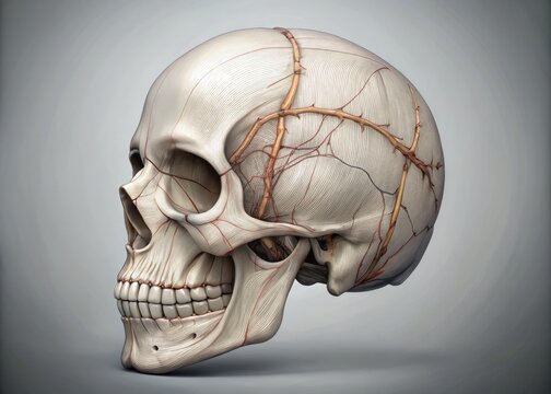 "Delicate linework depicts the intricate details of the human skull, highlighting the suture lines, foramen magnum, and mastoid processes within a simple grayscale composition."