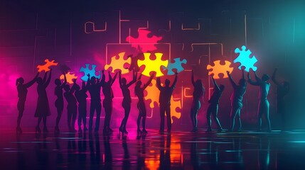 Team Collaboration Puzzle Pieces Neon Lights Success