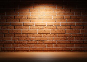 A well-lit brick wall with a wooden surface, perfect for showcasing your artwork or product display in a cozy atmosphere.