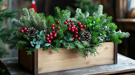 Fototapeta premium Floral arrangement in a wooden box with live spruce and ilex branches for decorating the house for the Christmas holidays.Christmas wooden box with fir branches for the holiday. The new year