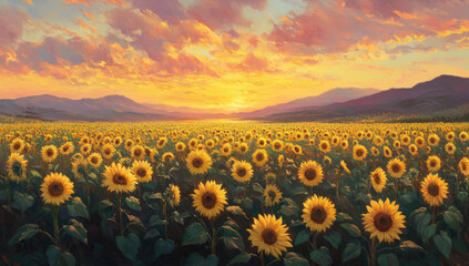 Obraz premium A large field of sunflowers, with mountains in the background and a beautiful sunset sky. Created with Ai