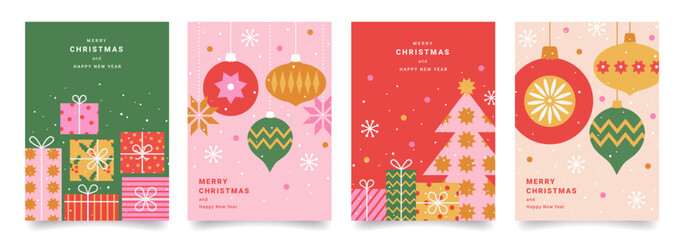 Set of Merry Christmas greeting card. Trendy minimalist design with Christmas tree decorations, gifts, snowflakes, stars. Vector template for poster, banner, holiday cover.