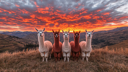 A group of alpcas in the andes landscape.