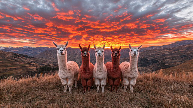 A group of alpcas in the andes landscape.