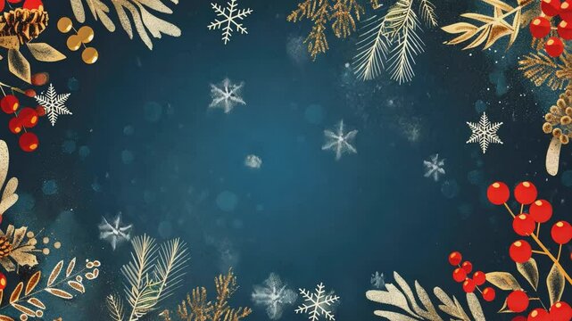 A festive Christmas-themed frame with golden leaves, red berries, pine branches, and snowflakes on a dark blue background.