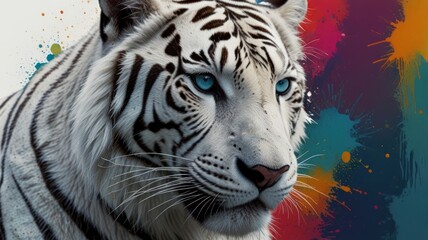 Naklejka premium Portrait of a Majestic White Tiger with a Colorful Background