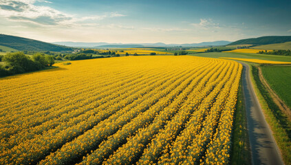 Aerial view of a rapeseed field in spring, with rows and rows of golden flowers swaying gently in the gentle breeze. Created with Ai