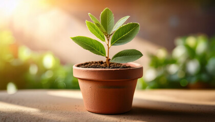 Fototapeta premium Young plant with fresh leaves in ceramic pot. Nature, gardening and green environment concept.