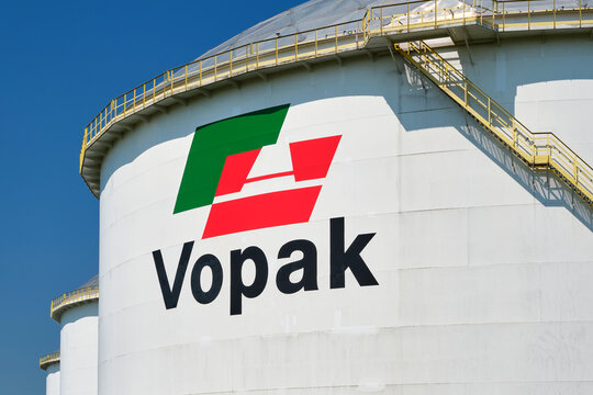 Vopak logo on a storage tank. Vopak is a global tank terminal operator in the storage and handling of liquid and gaseous chemicals and oil products