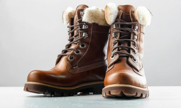 Pair of leather boots with fur trim on white background, Video