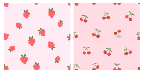 Seamless patterns of strawberry and cherry fruit with green leaves on pink backgrounds vector. Cute fruit print.