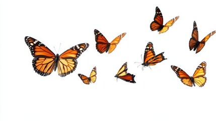 Monarch Butterflies in various flying isolated on white background.