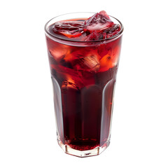 Refreshing red beverage or hibiscus ice tea served isolated on white transparent background.