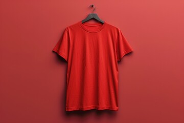 Red t-shirt hanging on hanger against red background
