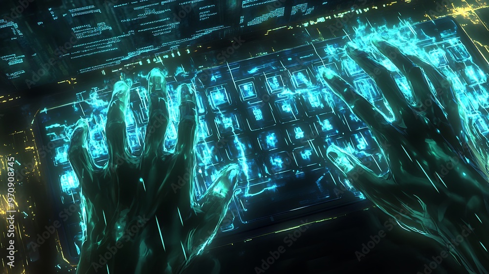 Poster glowing hands typing on a futuristic keyboard