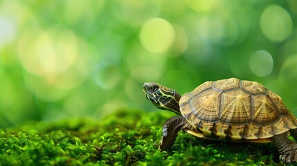 Fototapeta premium Close-up of a small turtle walking on the green moss in a lush natural environment with blurred bokeh background.