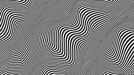 Obraz premium Vector pattern of optical illusion. Moving wave with black and white lines. Op art. Abstract distorted texture. Striped background. Psychedelic illustration.