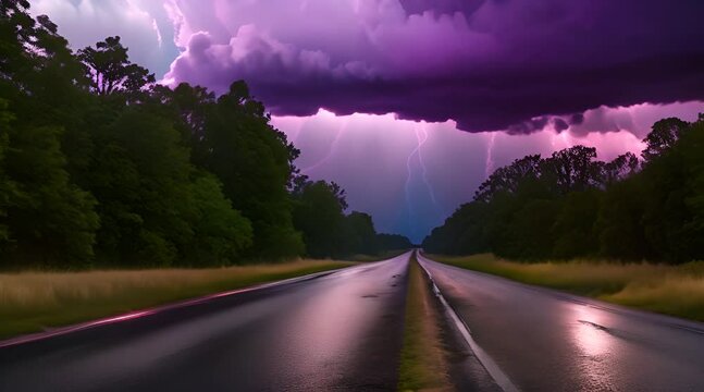 A dramatic stormy road with lightning in the distance and dark clouds, the road slick with rain, reflecting the flashes of lightning