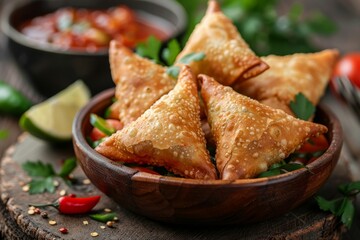 Delicious flavourful samosas filled with savory ingredients served with side of tangy dipping sauce on platter, tasty Indian food embodying rich culinary heritage of India