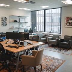 Interior of an office with desks, sofas, computer monitors, and a shelf by the window
