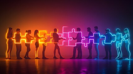 Teamwork Puzzle Neon Lights Concept