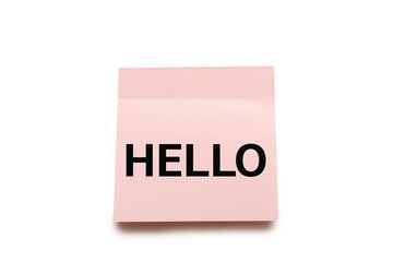 Text HELLO on pink sticky note isolated on white background with clipping path. Hello note on sticky note.