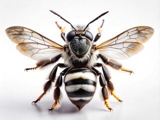 A sleek black bee buzzes with wings outstretched and stinger raised high, a tiny yet potent force before its delicate white markings.