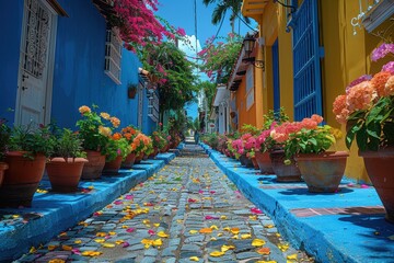 Calle de casas coloridas que hace subida. Calle decorada con macetas llenas de flores y plantas verdes. 