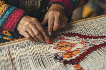 closeup on hands of female weaver at work on traditional loom, native american heritage