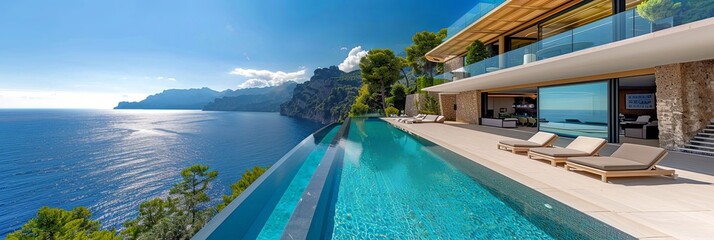 A modern luxury villa featuring a stunning infinity pool overlooking a serene ocean with a backdrop...