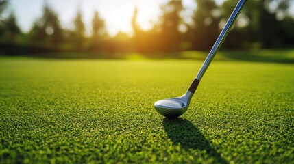 A golf club resting on green grass during sunset, symbolizing leisure and sport.