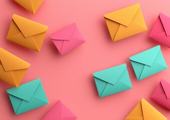 Colorful envelopes arranged creatively on a pink background, perfect for invitations, mail, and stationery themes.