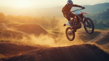 Obraz premium A motocross rider jumps over a dirt ramp during sunset, showcasing extreme sports action.