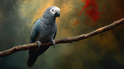 Obraz premium Gray Parrot Perched on a Branch with Abstract Background