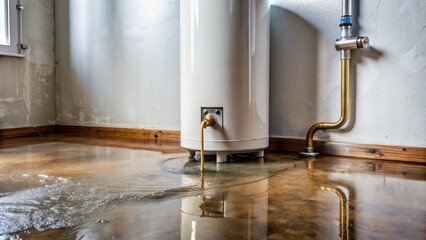 Water heater overflow pipe leaking onto the floor, causing a puddle of warm water and fear of potential damage to the surrounding area.