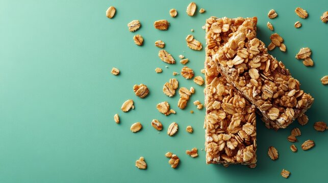 Two granola bars with scattered oats on a light green background.