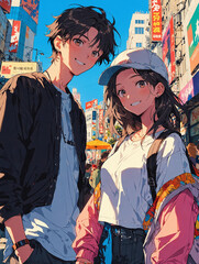 Fototapeta premium A stylish young couple captured in a vibrant cityscape full of life and colorful energy